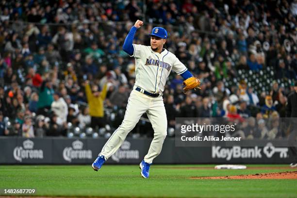 Luis Castillo of the Seattle Mariners reacts to throwing a strike to end the seventh inning against the against the Colorado Rockies at T-Mobile Park...