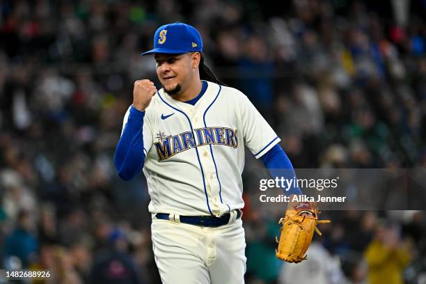 Luis Castillo of the Seattle Mariners reacts to throwing a strike to end the seventh inning against the against the Colorado Rockies at T-Mobile Park...