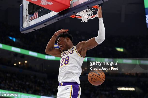 Rui Hachimura of the Los Angeles Lakers goes to the basket during the first half against the Memphis Grizzlies during Game One of the Western...