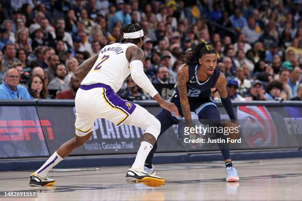 Ja Morant of the Memphis Grizzlies handles the ball against Jarred Vanderbilt of the Los Angeles Lakers during the second half of Game One of the...