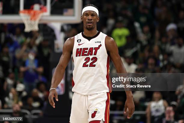 Jimmy Butler of the Miami Heat walks backcourt during the first half of Game One of the Eastern Conference First Round Playoffs against the Milwaukee...