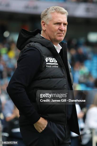 Dean Smith, manager of Leicester City, looks on during the Premier League match between Manchester City and Leicester City at Etihad Stadium on April...