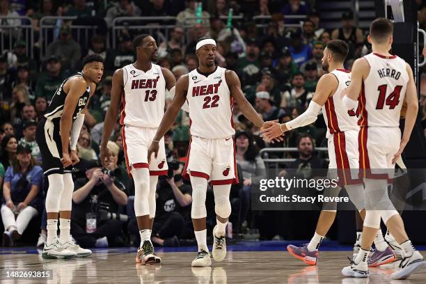 Jimmy Butler of the Miami Heat reacts to a score during the first half of Game One of the Eastern Conference First Round Playoffs against the...