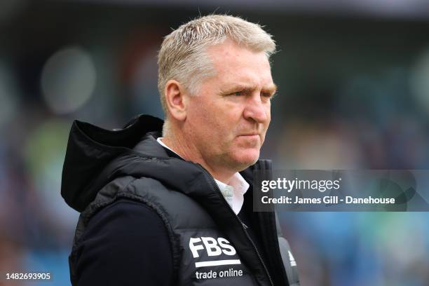 Dean Smith, manager of Leicester City, looks on during the Premier League match between Manchester City and Leicester City at Etihad Stadium on April...