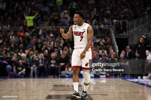 Kyle Lowry of the Miami Heat reacts to an officials call during the first half of Game One of the Eastern Conference First Round Playoffs against the...