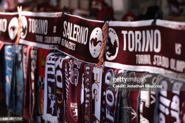 Merchandise for sale at a stall outside the stadium priro to the Serie A match between Torino FC and Salernitana at Stadio Olimpico di Torino on...
