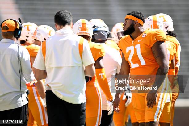 Omari Thomas stands on the field during a break in play in the third quarter during the Tennessee Volunteers spring football game at Neyland Stadium...