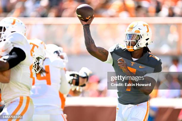 Joe Milton III throws a pass in the third quarter during the Tennessee Volunteers spring football game at Neyland Stadium on April 15, 2023 in...