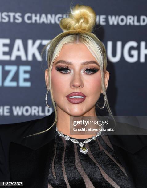 Christina Aguilera arrives at the 9th Annual Breakthrough Prize Ceremony at Academy Museum of Motion Pictures on April 15, 2023 in Los Angeles,...