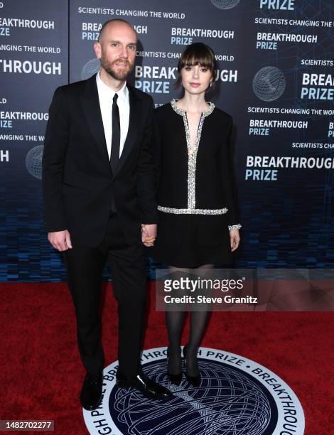 Charlie McDowell, Lily Collins arrives at the 9th Annual Breakthrough Prize Ceremony at Academy Museum of Motion Pictures on April 15, 2023 in Los...