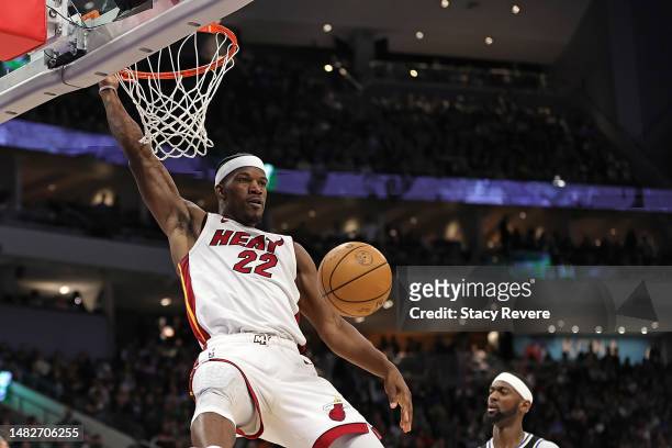 Jimmy Butler of the Miami Heat dunks against the Milwaukee Bucks during the second half of Game One of the Eastern Conference First Round Playoffs at...