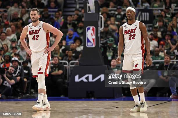 Kevin Love and Jimmy Butler of the Miami Heat wait backcourt during the second half of Game One of the Eastern Conference First Round Playoffs...