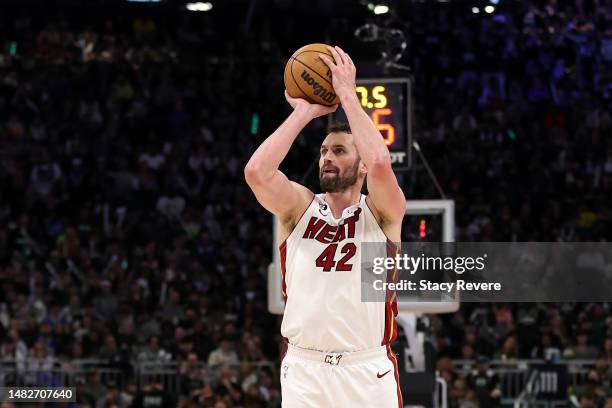 Kevin Love of the Miami Heat takes a three point shot during the second half of Game One of the Eastern Conference First Round Playoffs against the...