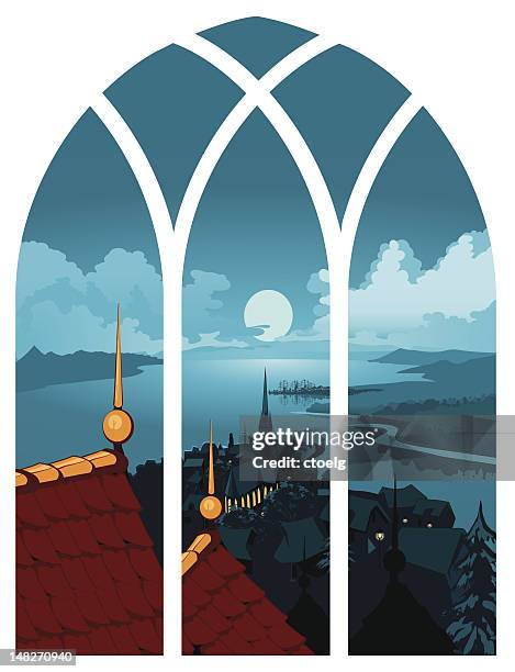 landschaft stadt, blick auf fenster - kirchturmspitze stock-grafiken, -clipart, -cartoons und -symbole