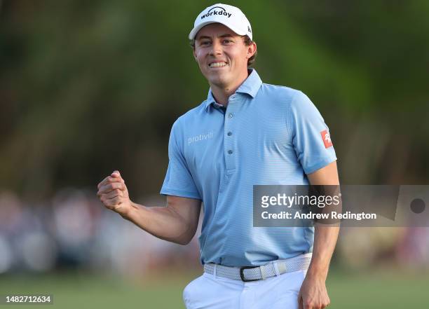 Matt Fitzpatrick of England celebrates winning on the third playoff hole against Jordan Spieth of the United States during the final round of the RBC...