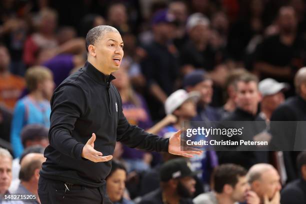 Head coach Tyronn Lue of the LA Clippers reacts during the first half Game One of the Western Conference First Round Playoffs against the Phoenix...