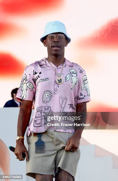 Tyler, the Creator performs with Kali Uchis at the Coachella Stage during the 2023 Coachella Valley Music and Arts Festival on April 16, 2023 in...