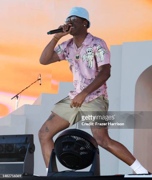 Tyler, the Creator performs with Kali Uchis at the Coachella Stage during the 2023 Coachella Valley Music and Arts Festival on April 16, 2023 in...