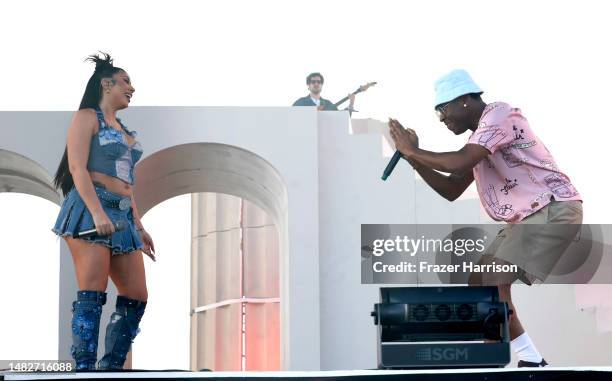 Kali Uchis and Tyler, the Creator perform at the Coachella Stage during the 2023 Coachella Valley Music and Arts Festival on April 16, 2023 in Indio,...