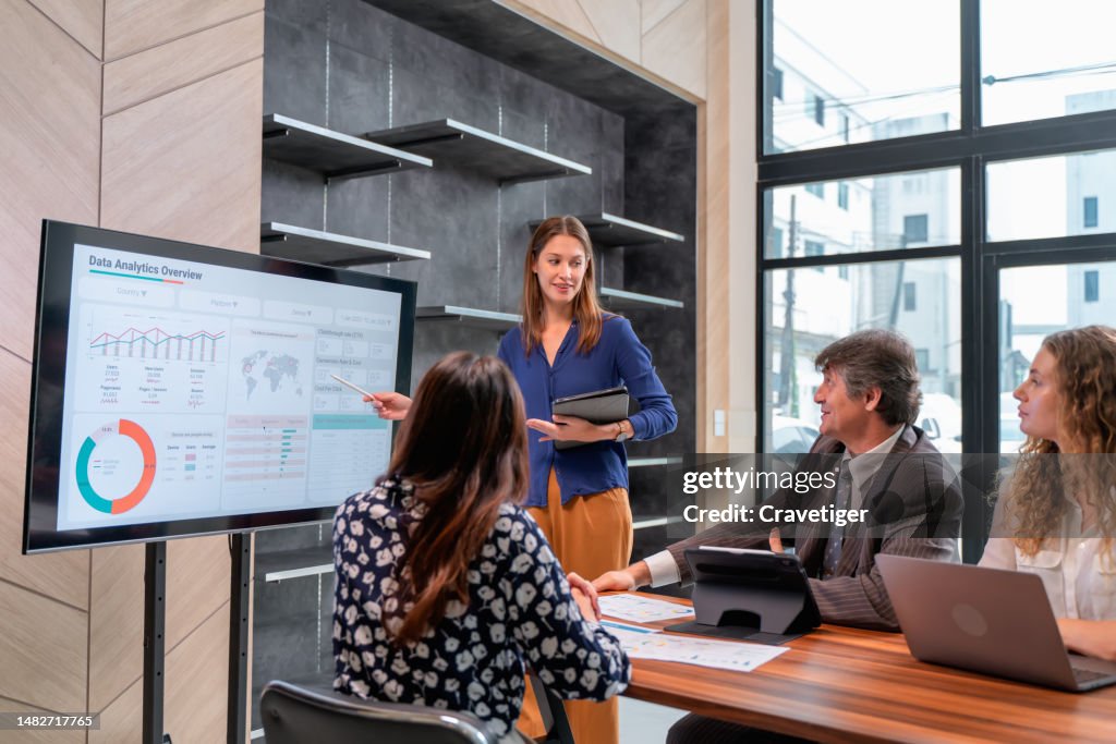 Return on investment (ROI) in businesses evaluates the efficiency of risking their capital. Female Business Development presenting on business plan strategy about a business start-up meeting with her team in the modern office.