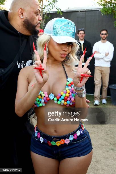 Saweetie poses backstage during the 2023 Coachella Valley Music and Arts Festival on April 16, 2023 in Indio, California.