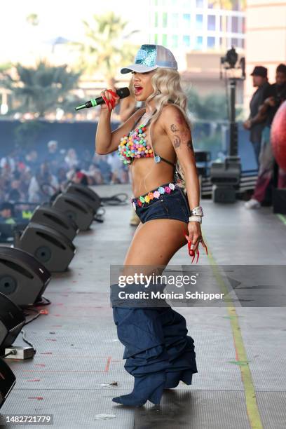 Saweetie performs with Latto at the Sahara Tent during the 2023 Coachella Valley Music and Arts Festival on April 16, 2023 in Indio, California.