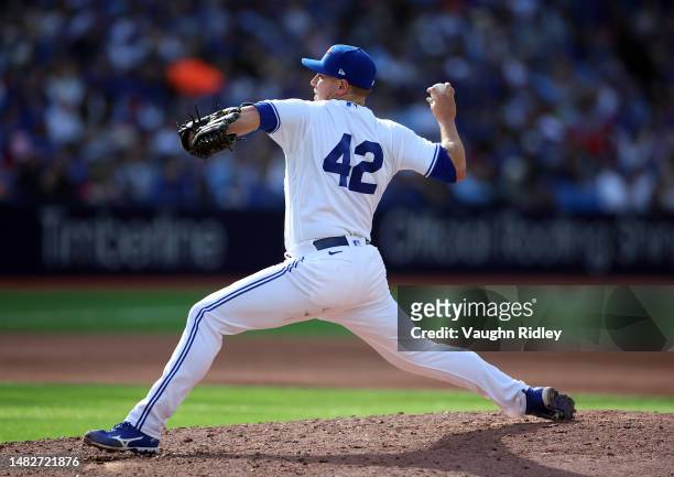 Erik Swanson of the Toronto Blue Jays delivers a pitch during a game against the Tampa Bay Rays at Rogers Centre on April 15, 2023 in Toronto,...
