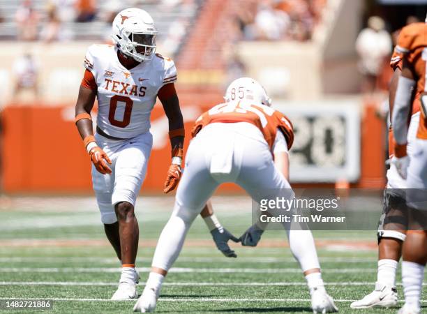 Anthony Hill Jr. #0 of the Texas Longhorns in action during the Texas Football Orange-White Spring Football Game at Darrell K Royal-Texas Memorial...
