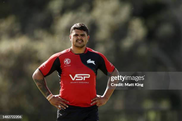 Latrell Mitchell looks on during a South Sydney Rabbitohs NRL Training Session at USANA Rabbitohs Centre on April 17, 2023 in Sydney, Australia.