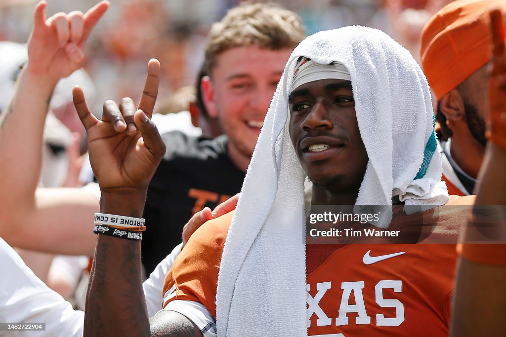 Texas Spring Game Johntay Cook II of the Texas Longhorns stands for the playing of The ...