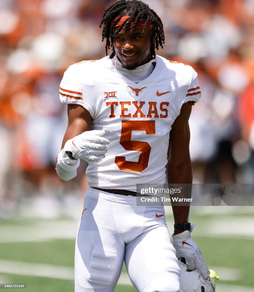 Texas Spring Game Adonai Mitchell of the Texas Longhorns stands on the field during the ...
