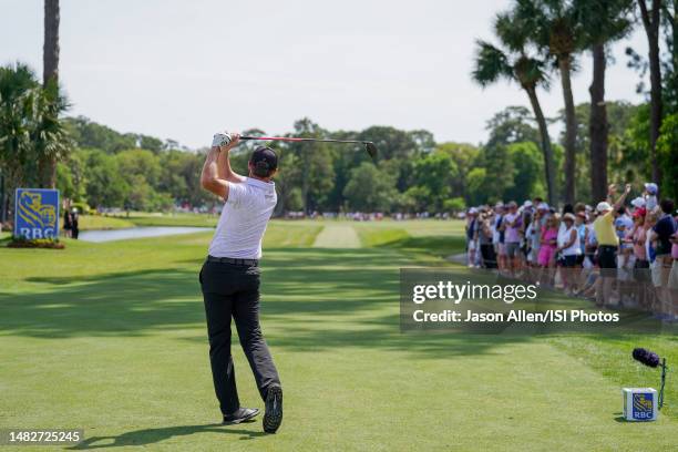 Jimmy Walker of the United States drives his ball down the 10th fairway during the Final Round of the RBC Heritage at Harbour Town Golf Links on...