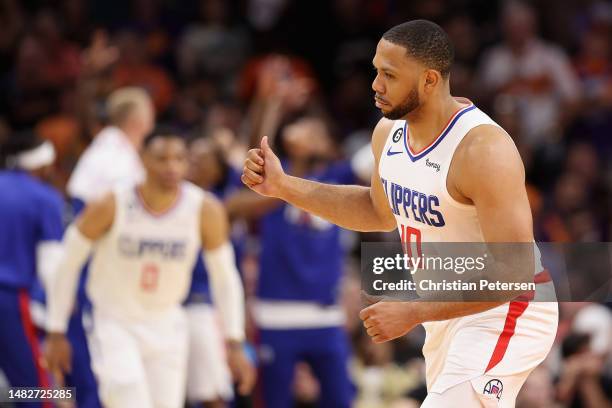 Eric Gordon of the LA Clippers reacts to a three-point shot against the Phoenix Suns during the second half Game One of the Western Conference First...
