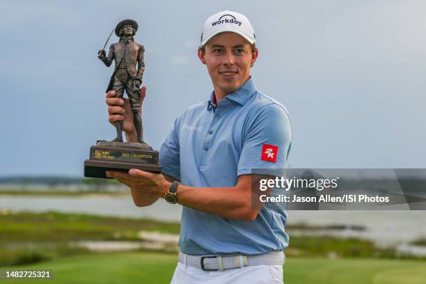 Matthew Fitzpatrick of England receives his trophy on the 18th green after winning the Playoff Round of the RBC Heritage at Harbour Town Golf Links...