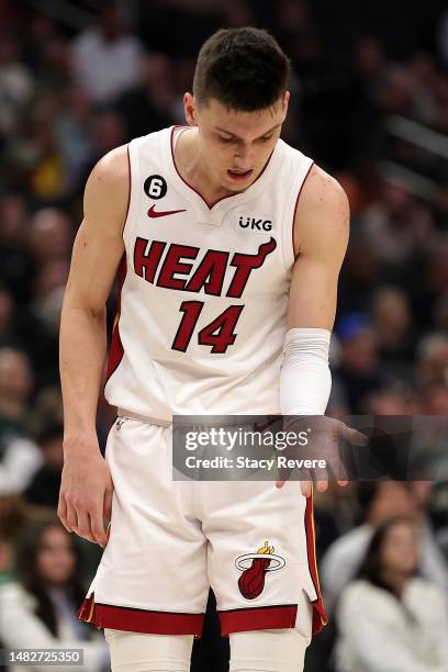 Tyler Herro of the Miami Heat waits for a free throw during the first half of Game One of the Eastern Conference First Round Playoffs against the...