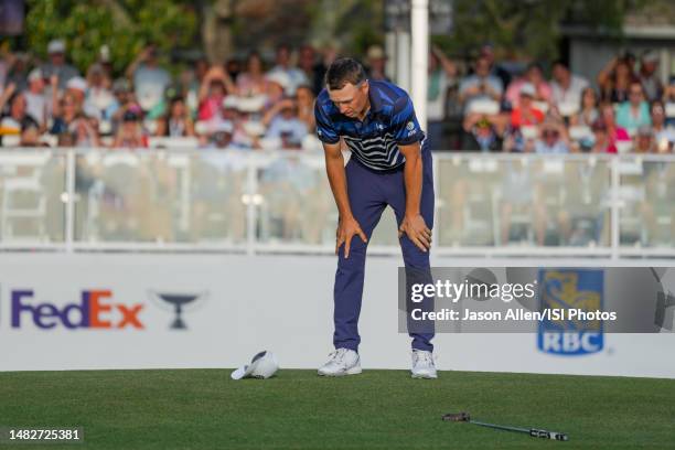 Jordan Spieth of the United States shocked and upset after missing his putt on the 18th green during the Final Round of the RBC Heritage at Harbour...