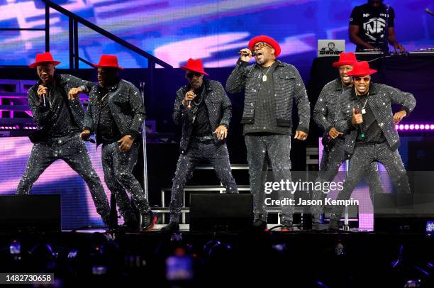 Ronnie DeVoe, Michael Bivins, Ralph Tresvant, Bobby Brown, Johnny Gill and Ricky Bell of New Edition perform at Bridgestone Arena on April 16, 2023...