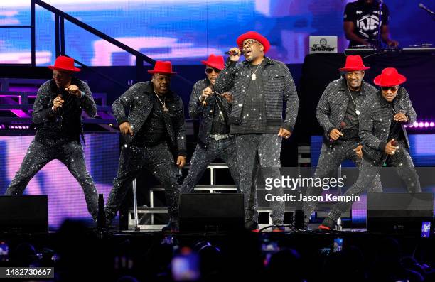 Ronnie DeVoe, Michael Bivins, Ralph Tresvant, Bobby Brown, Johnny Gill and Ricky Bell of New Edition perform at Bridgestone Arena on April 16, 2023...