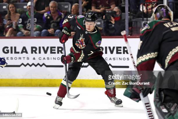 Jan Jenik of the Arizona Coyotes makes a pass against the Vancouver Canucks at Mullett Arena on April 13, 2023 in Tempe, Arizona.