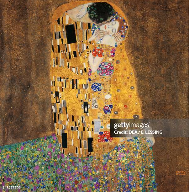 The kiss by Gustav Klimt , oil on canvas, 180x180 cm. ; Vienna, Österreichischer Galerie Belvedere .