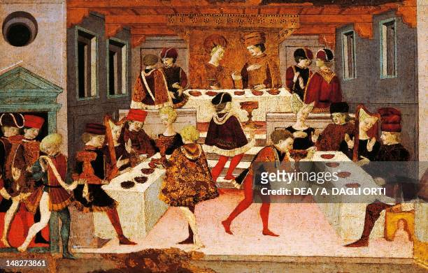 Stories of Alatiel, the banquet, the first half of the 15th Century, by Maestro dei Cassoni di Jarves, oil on panel. ; Venice, Museo Correr .