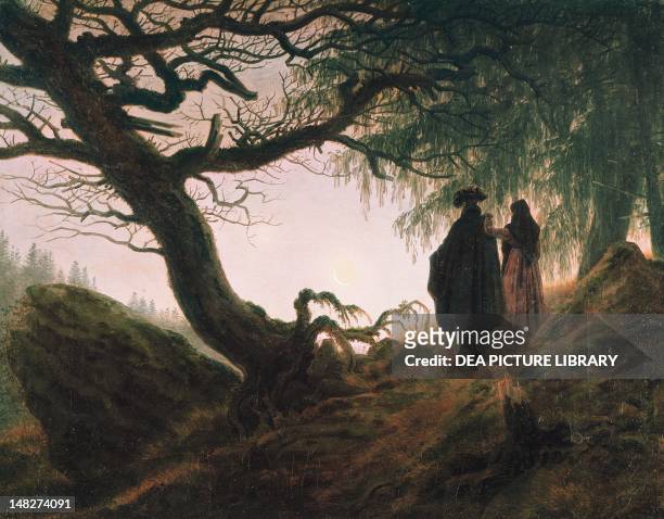 Man and a woman contemplating the moon, by Caspar David Friedrich . ; .