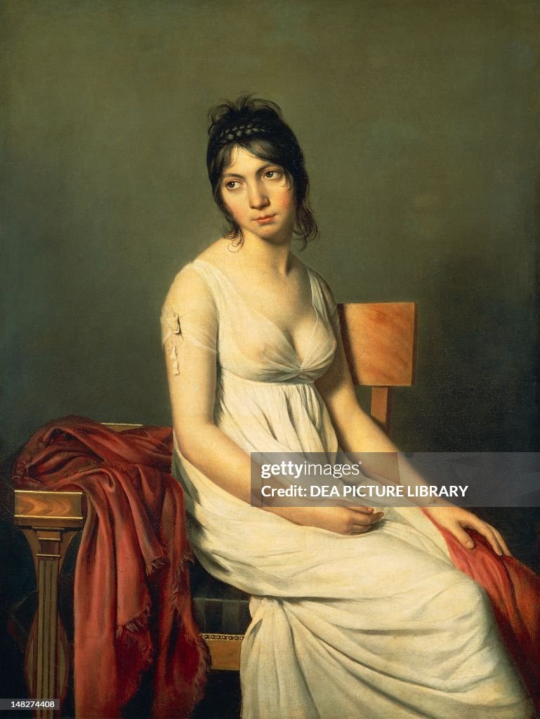 Portrait of young woman in white, ca 1798, by an unknown artist from the Jacques-Louis David School, oil on canvas, 125.5x95 cm. (Photo by DeAgostini/Getty Images)