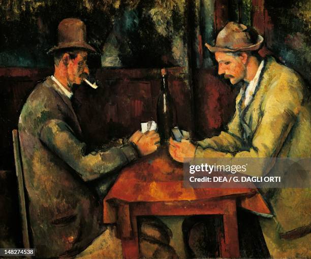 Two card players, 1892-1895, by Paul Cezanne , oil on canvas, 47x57 cm. ; Paris, Musée D'Orsay .