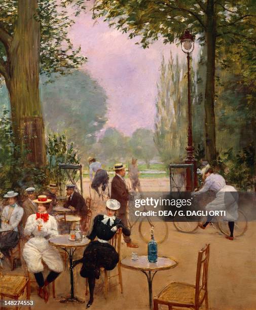 The Chalet du Cycle in the Bois de Boulogne by Jean Beraud , oil on panel, 53.5x65 cm. Detail. ; Paris, Hôtel Carnavalet .