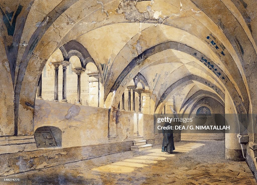 Benedictine Monastery of St Scholastica in Subiaco, engraving, Italy, 19th century. (Photo by DeAgostini/Getty Images)