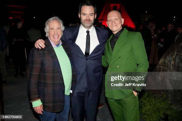 Henry Winkler, Bill Hader, and Anthony Carrigan at the after party for HBO's "Barry" Season 4 Premiere at Hollywood Forever on April 16, 2023 in...