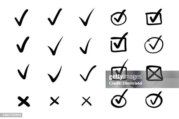 collection of hand drawn checkmarks on white background - check mark icon vector stock illustrations