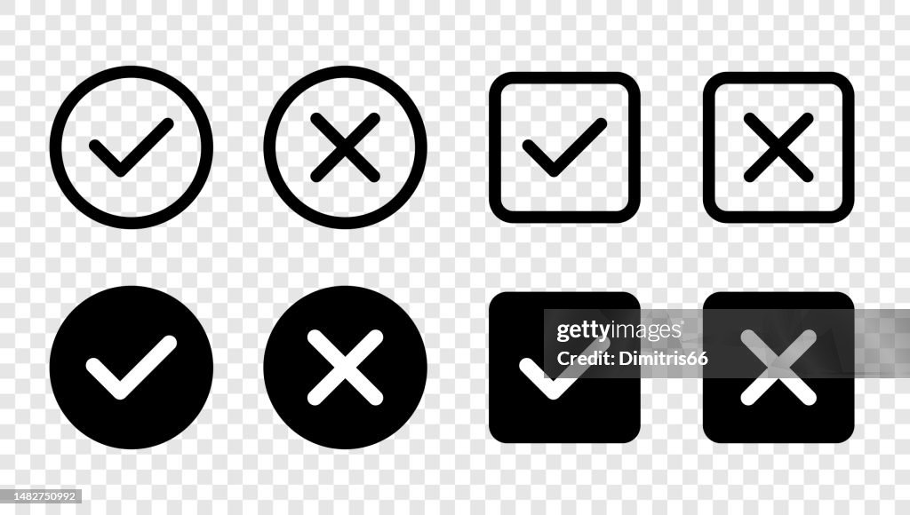 Cochez l’icône définie avec des contours modifiables. Symboles acceptés, rejetés, approuvés, désapprouvés, justes, faux, corrects, faux, vrais, faits.