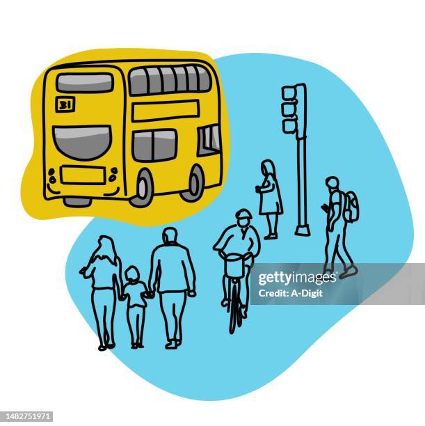 ilustrações de stock, clip art, desenhos animados e ícones de double decker bus along london streets sketch color yellow - family cycling